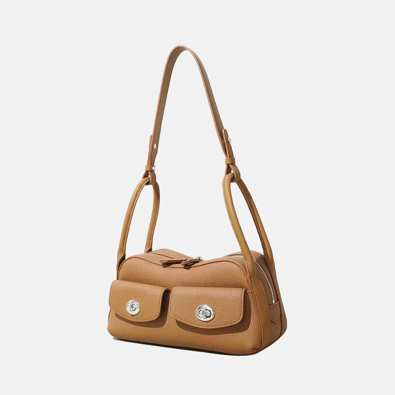 Sac à main à bandoulière en cuir pleine fleur avec poches frontales à double boucle pour femmes