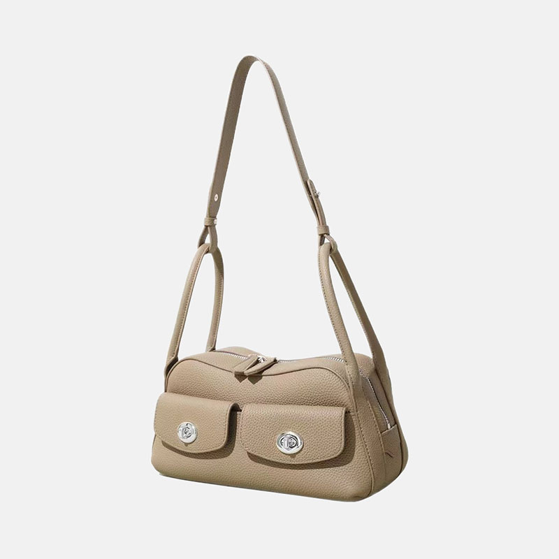 Sac à main à bandoulière en cuir pleine fleur avec poches frontales à double boucle pour femmes