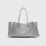 Women's Large Vegan Leather Woven Shoulder Tote Bag with Drawstring Inner Pouch