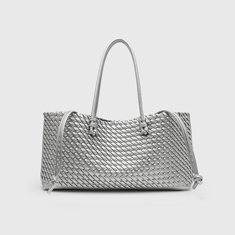 Women's Large Vegan Leather Woven Shoulder Tote Bag with Drawstring Inner Pouch