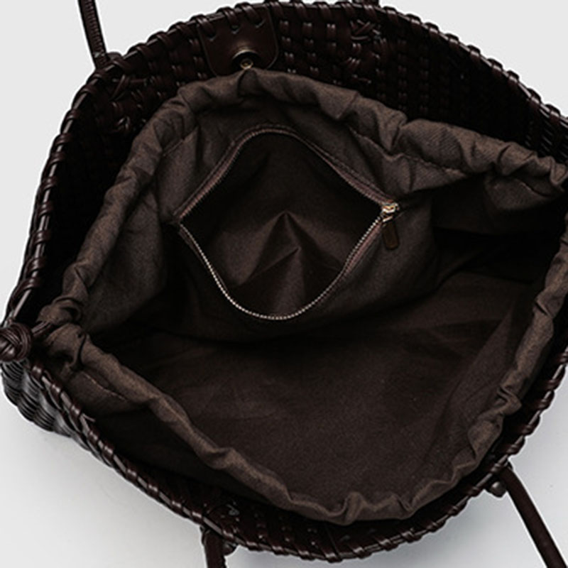 Women's Large Vegan Leather Woven Shoulder Tote Bag with Drawstring Inner Pouch