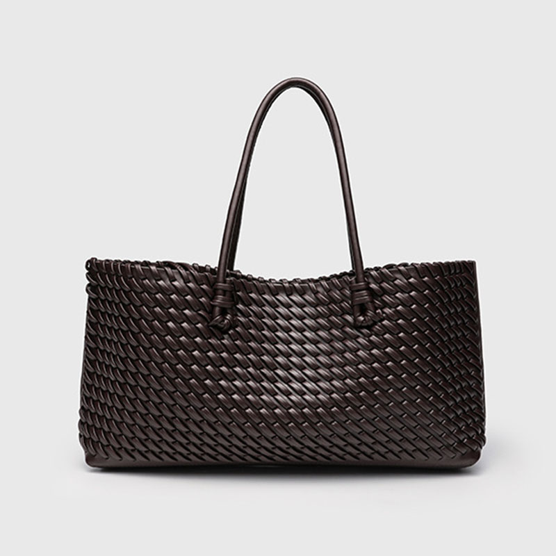 Women's Large Vegan Leather Woven Shoulder Tote Bag with Drawstring Inner Pouch