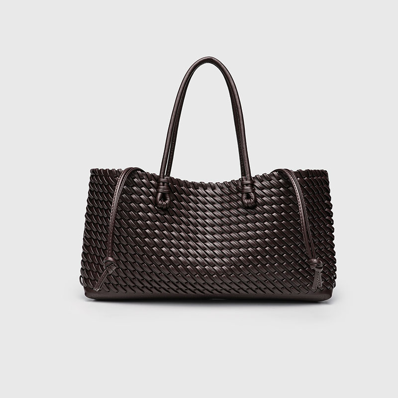 Women's Large Vegan Leather Woven Shoulder Tote Bag with Drawstring Inner Pouch