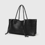 Women's Large Vegan Leather Woven Shoulder Tote Bag with Drawstring Inner Pouch