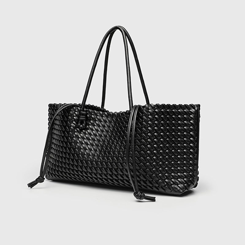 Women's Large Vegan Leather Woven Shoulder Tote Bag with Drawstring Inner Pouch