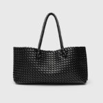 Women's Large Vegan Leather Woven Shoulder Tote Bag with Drawstring Inner Pouch
