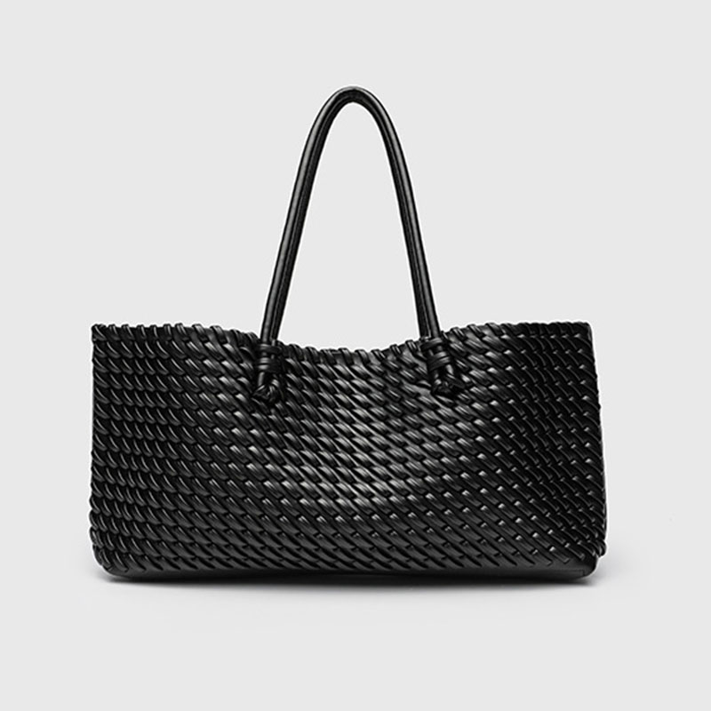 Women's Large Vegan Leather Woven Shoulder Tote Bag with Drawstring Inner Pouch