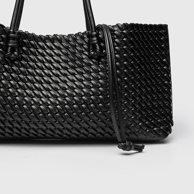 Women's Large Vegan Leather Woven Shoulder Tote Bag with Drawstring Inner Pouch
