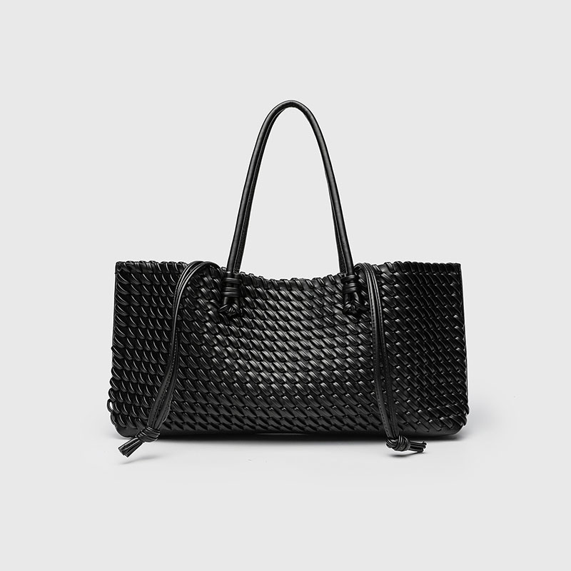 Women's Large Vegan Leather Woven Shoulder Tote Bag with Drawstring Inner Pouch