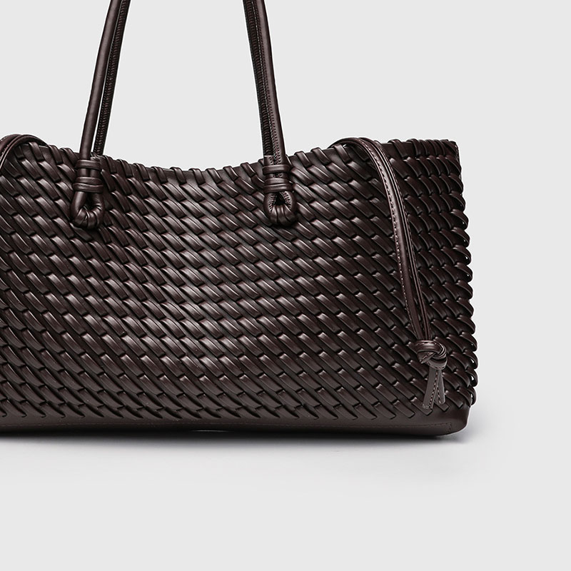 Women's Large Vegan Leather Woven Shoulder Tote Bag with Drawstring Inner Pouch