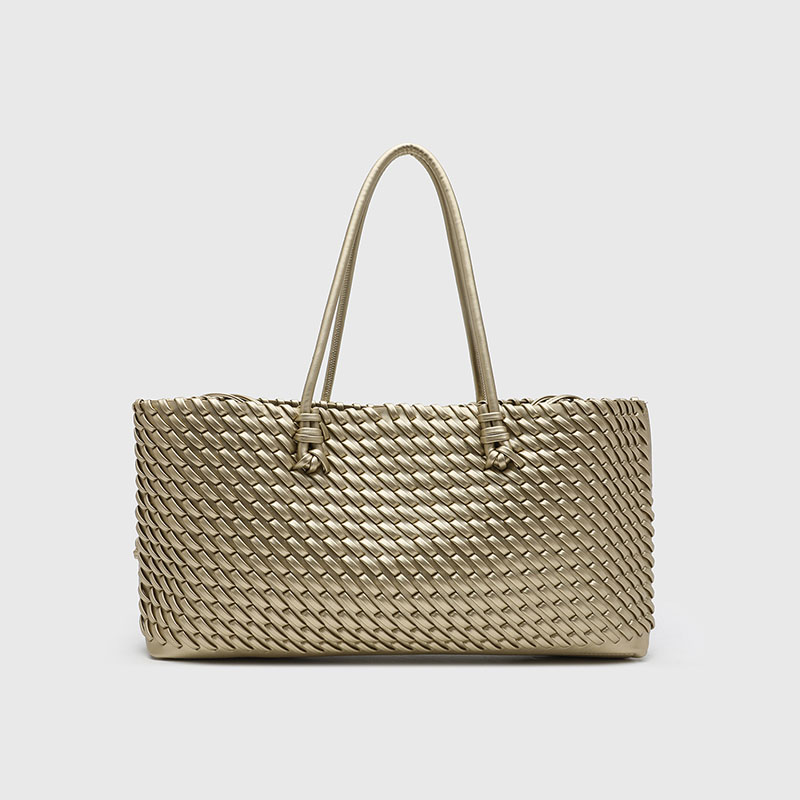 Women's Large Vegan Leather Woven Shoulder Tote Bag with Drawstring Inner Pouch