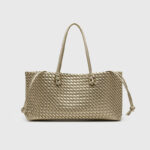 Women's Large Vegan Leather Woven Shoulder Tote Bag with Drawstring Inner Pouch