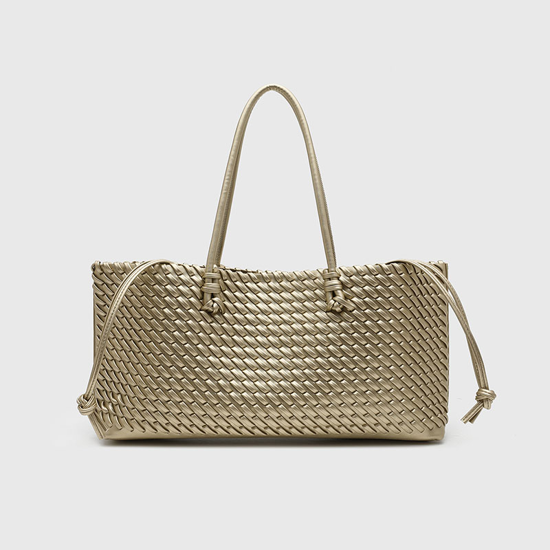Women's Large Vegan Leather Woven Shoulder Tote Bag with Drawstring Inner Pouch