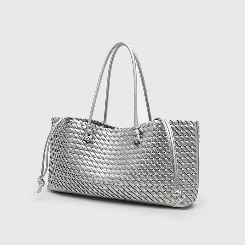 Women's Large Vegan Leather Woven Shoulder Tote Bag with Drawstring Inner Pouch
