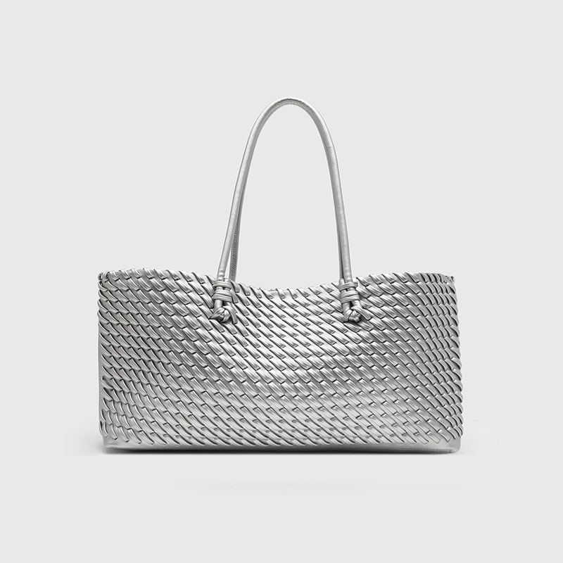 Women's Large Vegan Leather Woven Shoulder Tote Bag with Drawstring Inner Pouch