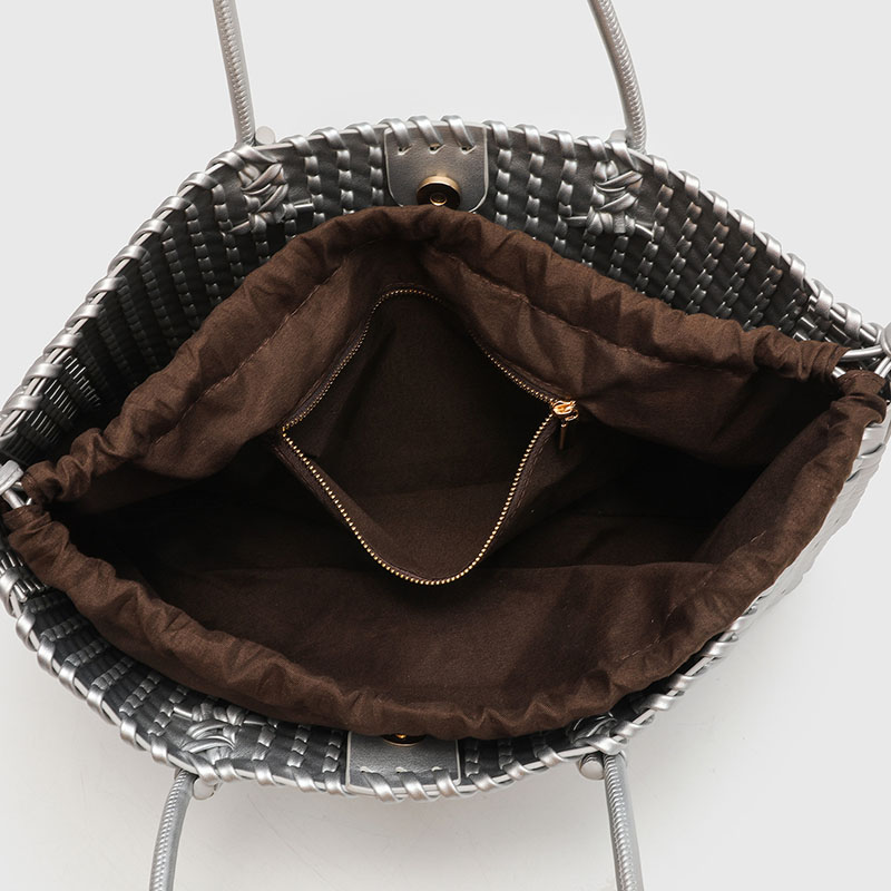 Women's Large Vegan Leather Woven Shoulder Tote Bag with Drawstring Inner Pouch