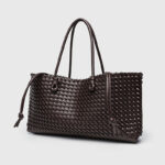 Women's Large Vegan Leather Woven Shoulder Tote Bag with Drawstring Inner Pouch