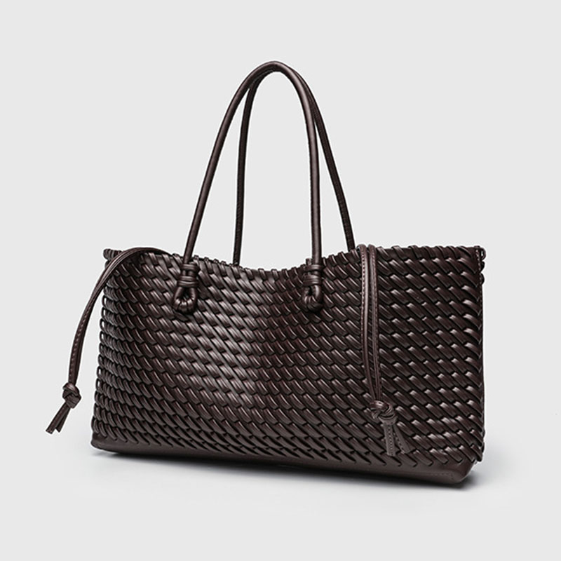 Women's Large Vegan Leather Woven Shoulder Tote Bag with Drawstring Inner Pouch