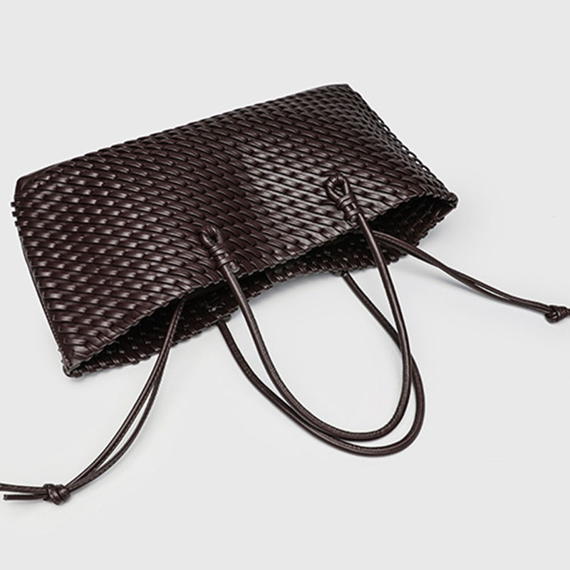 Women's Large Vegan Leather Woven Shoulder Tote Bag with Drawstring Inner Pouch