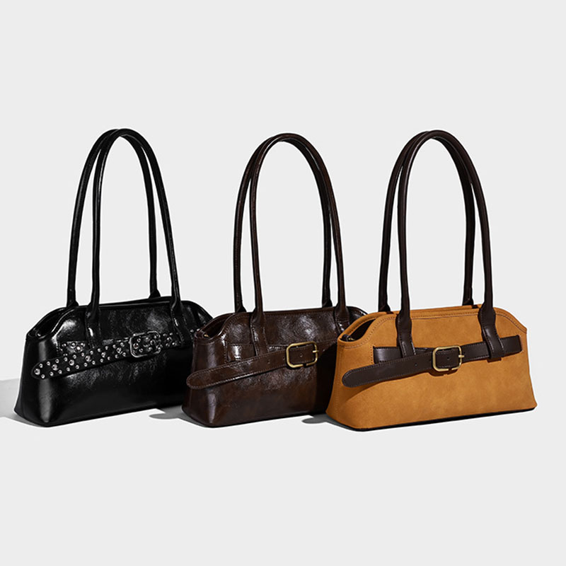Damen Mikrofaser Leder Gürtelschnalle Detail Schultertasche Baguette Tasche mit Crossbody Strap