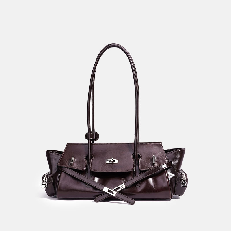 Women's Oil Wax Full-Grain Leather Shoulder Top Handle Bag with Silver Hardware