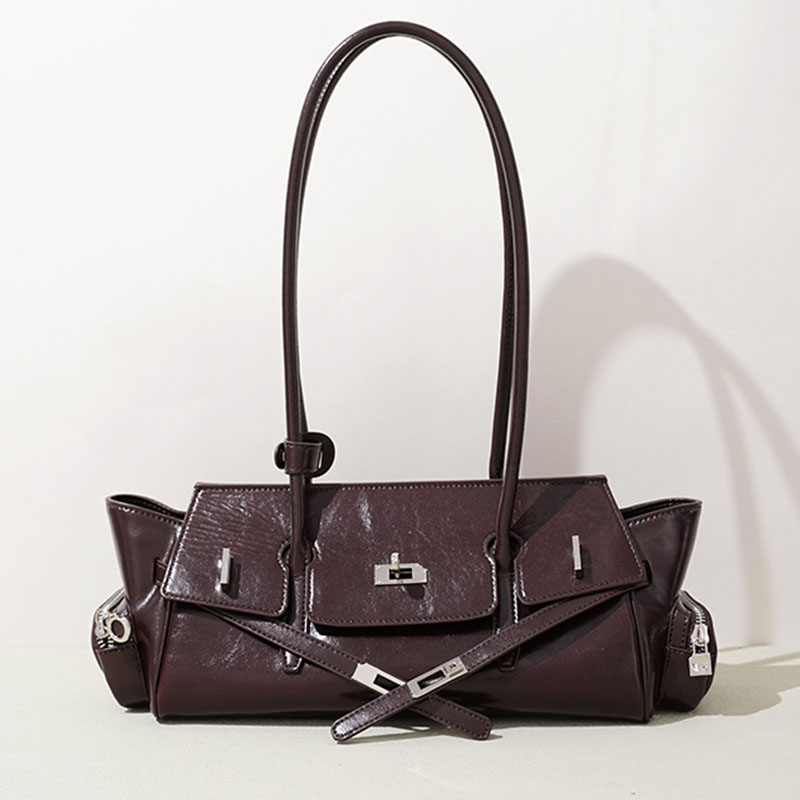 Women's Oil Wax Full-Grain Leather Shoulder Top Handle Bag with Silver Hardware