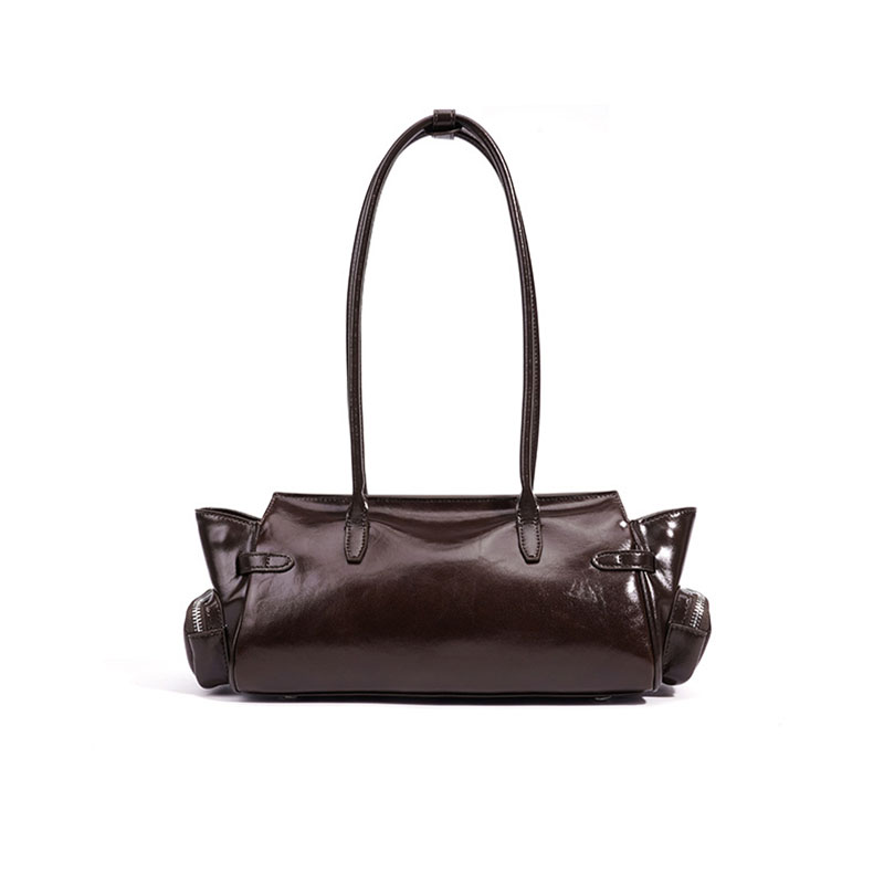 Women's Oil Wax Full-Grain Leather Shoulder Top Handle Bag with Silver Hardware