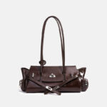 Women's Oil Wax Full-Grain Leather Shoulder Top Handle Bag with Silver Hardware