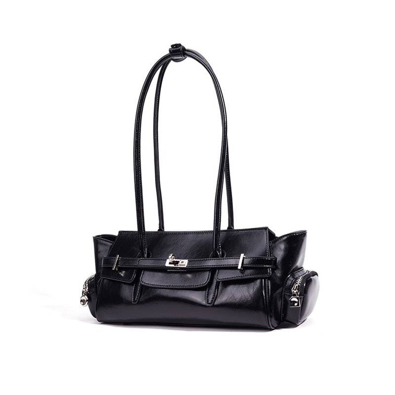 Women's Oil Wax Full-Grain Leather Shoulder Top Handle Bag with Silver Hardware