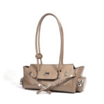 Women's Oil Wax Full-Grain Leather Shoulder Top Handle Bag with Silver Hardware