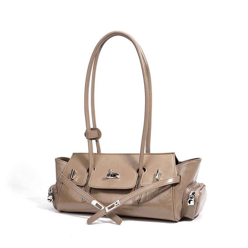 Women's Oil Wax Full-Grain Leather Shoulder Top Handle Bag with Silver Hardware