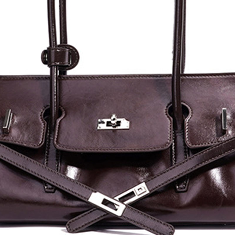 Women's Oil Wax Full-Grain Leather Shoulder Top Handle Bag with Silver Hardware
