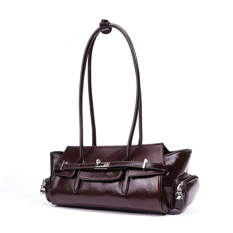Women's Oil Wax Full-Grain Leather Shoulder Top Handle Bag with Silver Hardware