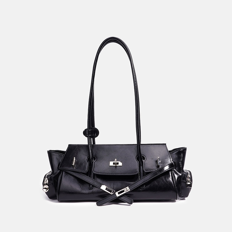Women's Oil Wax Full-Grain Leather Shoulder Top Handle Bag with Silver Hardware