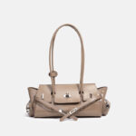 Women's Oil Wax Full-Grain Leather Shoulder Top Handle Bag with Silver Hardware