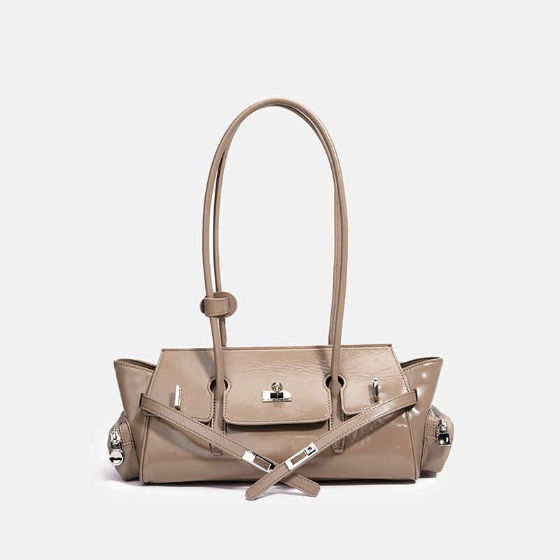 Women's Oil Wax Full-Grain Leather Shoulder Top Handle Bag with Silver Hardware