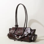 Women's Oil Wax Full-Grain Leather Shoulder Top Handle Bag with Silver Hardware