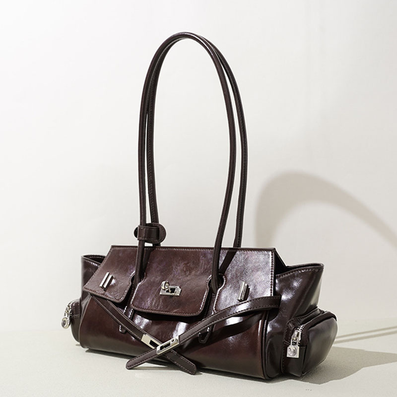 Women's Oil Wax Full-Grain Leather Shoulder Top Handle Bag with Silver Hardware
