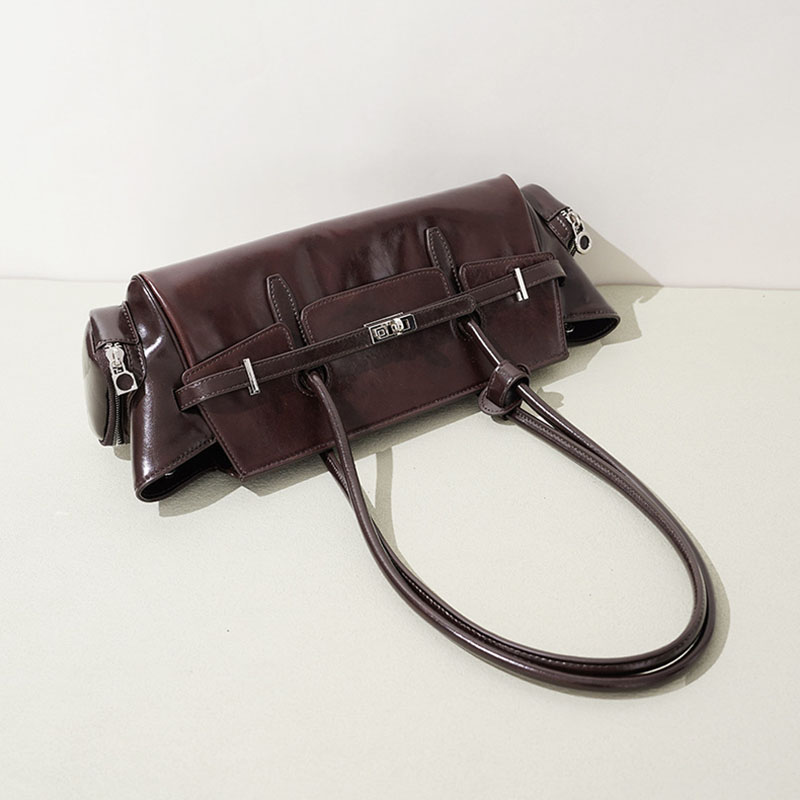 Women's Oil Wax Full-Grain Leather Shoulder Top Handle Bag with Silver Hardware