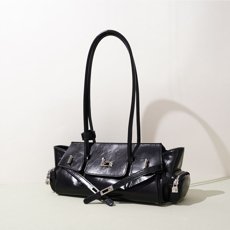 Women's Oil Wax Full-Grain Leather Shoulder Top Handle Bag with Silver Hardware