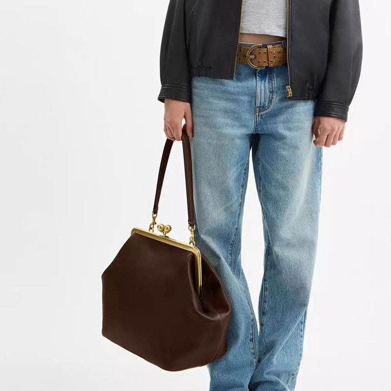 Women's Vegan Leather Kiss-Lock Frame Shoulder Tote Bag