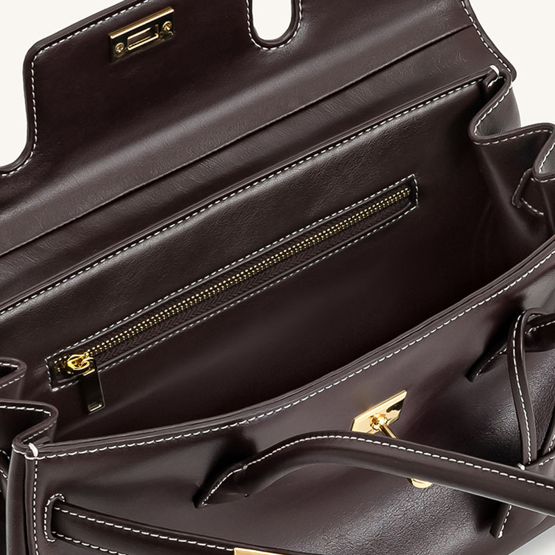 Women's Vegan Leather Turn-Lock Closure Top Handle Bag with Gold Hardware