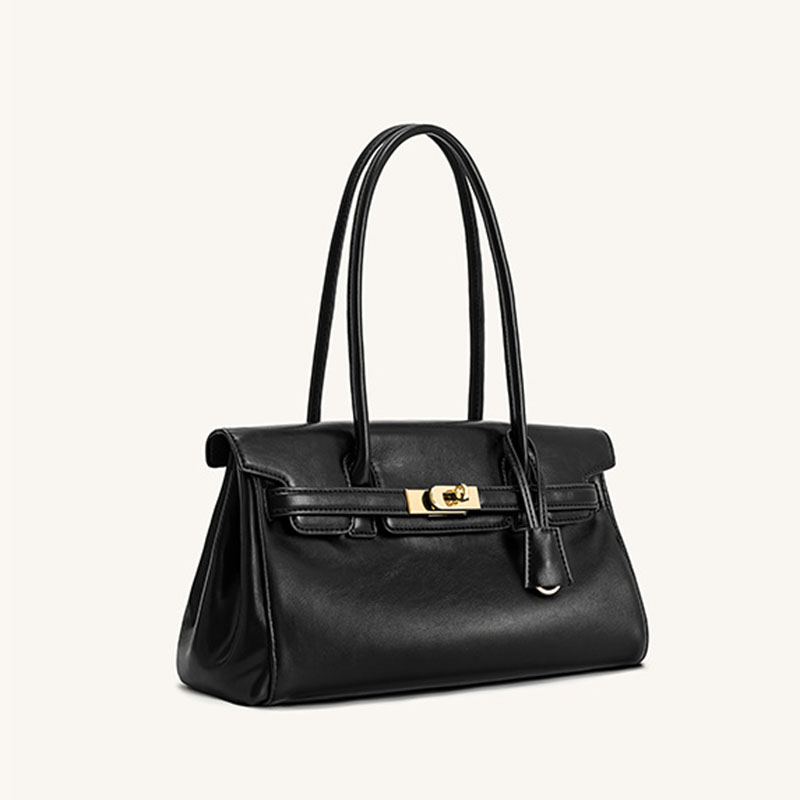 Women's Vegan Leather Turn-Lock Closure Top Handle Bag with Gold Hardware