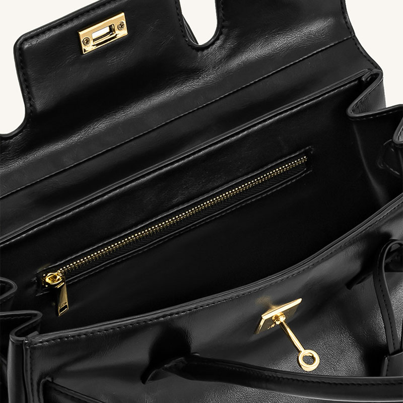 Women's Vegan Leather Turn-Lock Closure Top Handle Bag with Gold Hardware