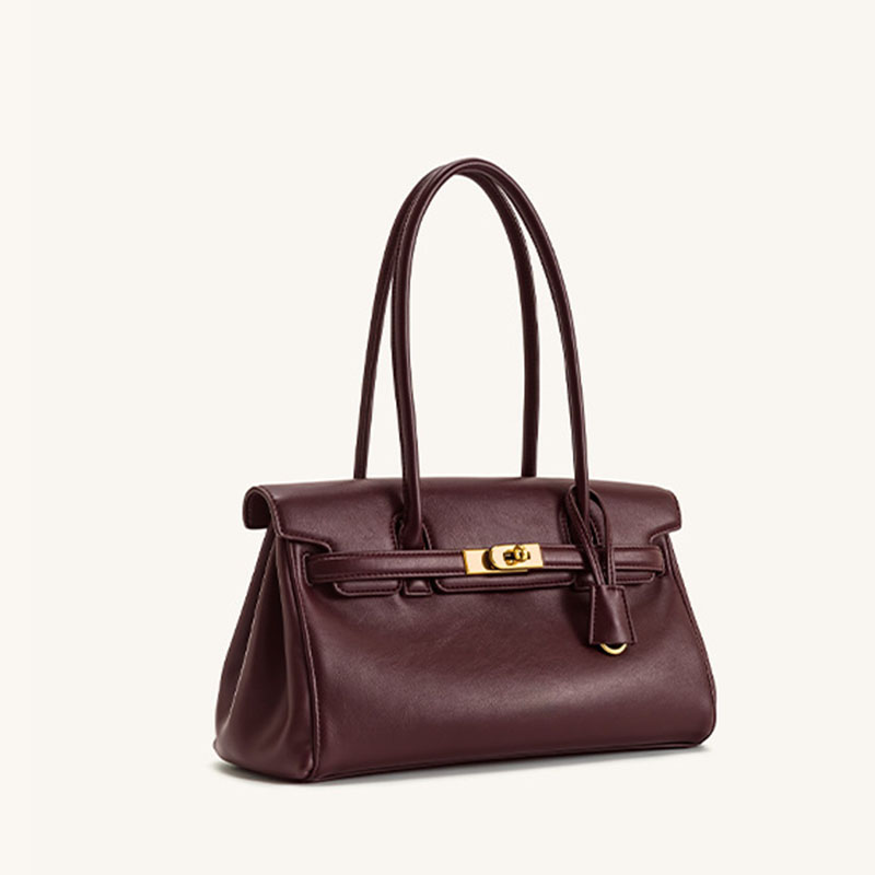 Women's Vegan Leather Turn-Lock Closure Top Handle Bag with Gold Hardware