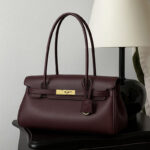 Women's Vegan Leather Turn-Lock Closure Top Handle Bag with Gold Hardware
