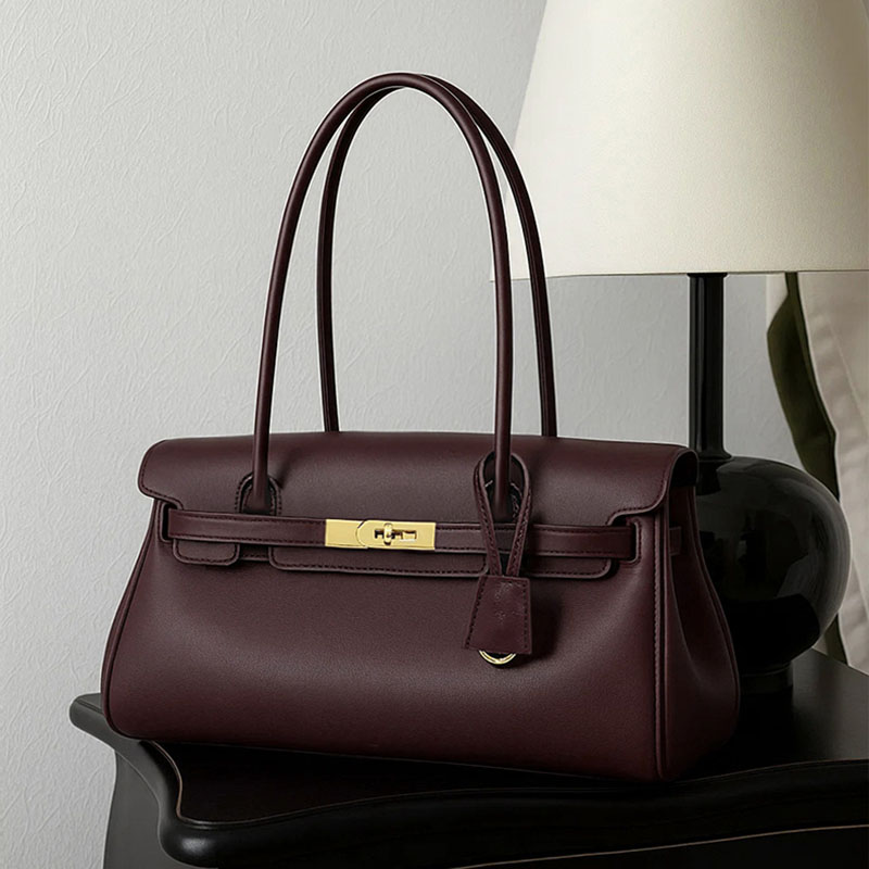 Women's Vegan Leather Turn-Lock Closure Top Handle Bag with Gold Hardware