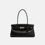 Women's Vegan Leather Turn-Lock Closure Top Handle Bag with Gold Hardware