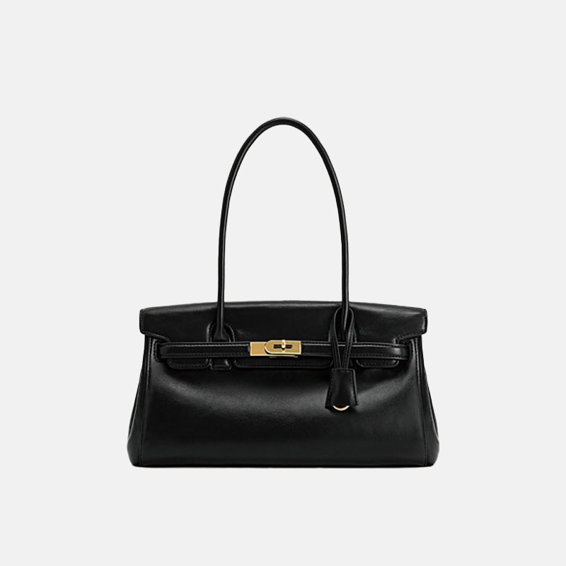 Women's Vegan Leather Turn-Lock Closure Top Handle Bag with Gold Hardware