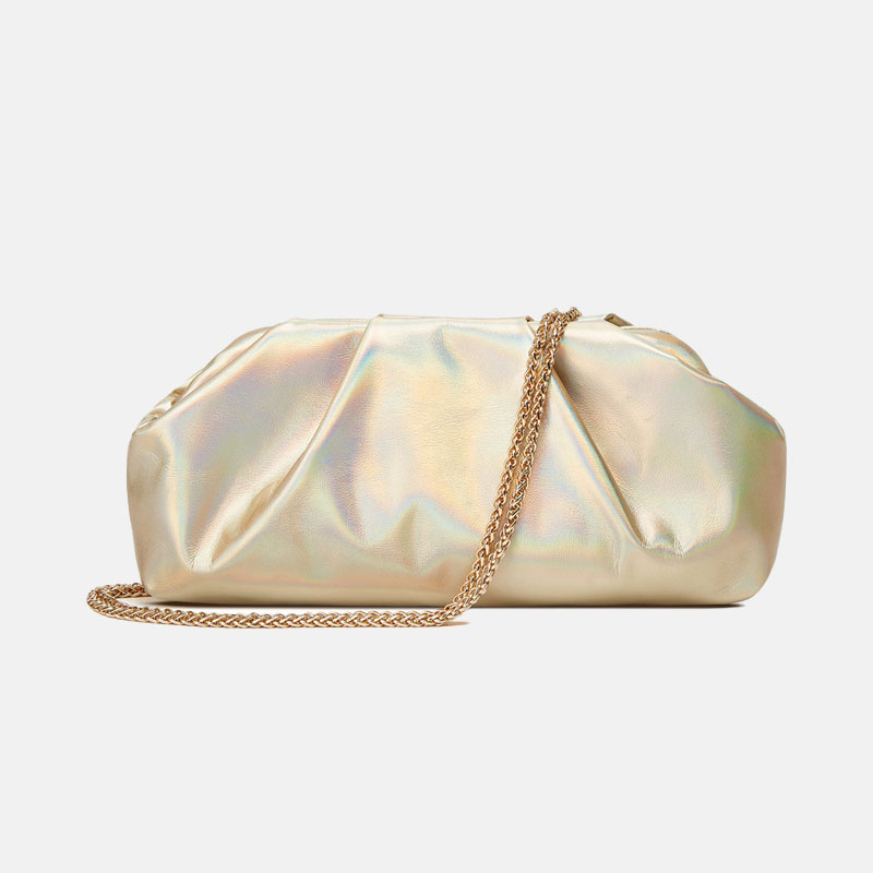 Women's Vegan Leather Metallic Pleated Chain Crossbody Clutch Bag